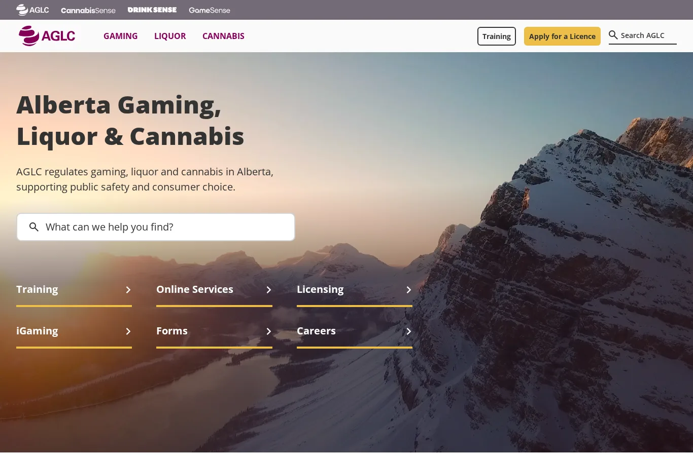 Screenshot of the AGLC homepage, Alberta's gaming and liquor regulator website
