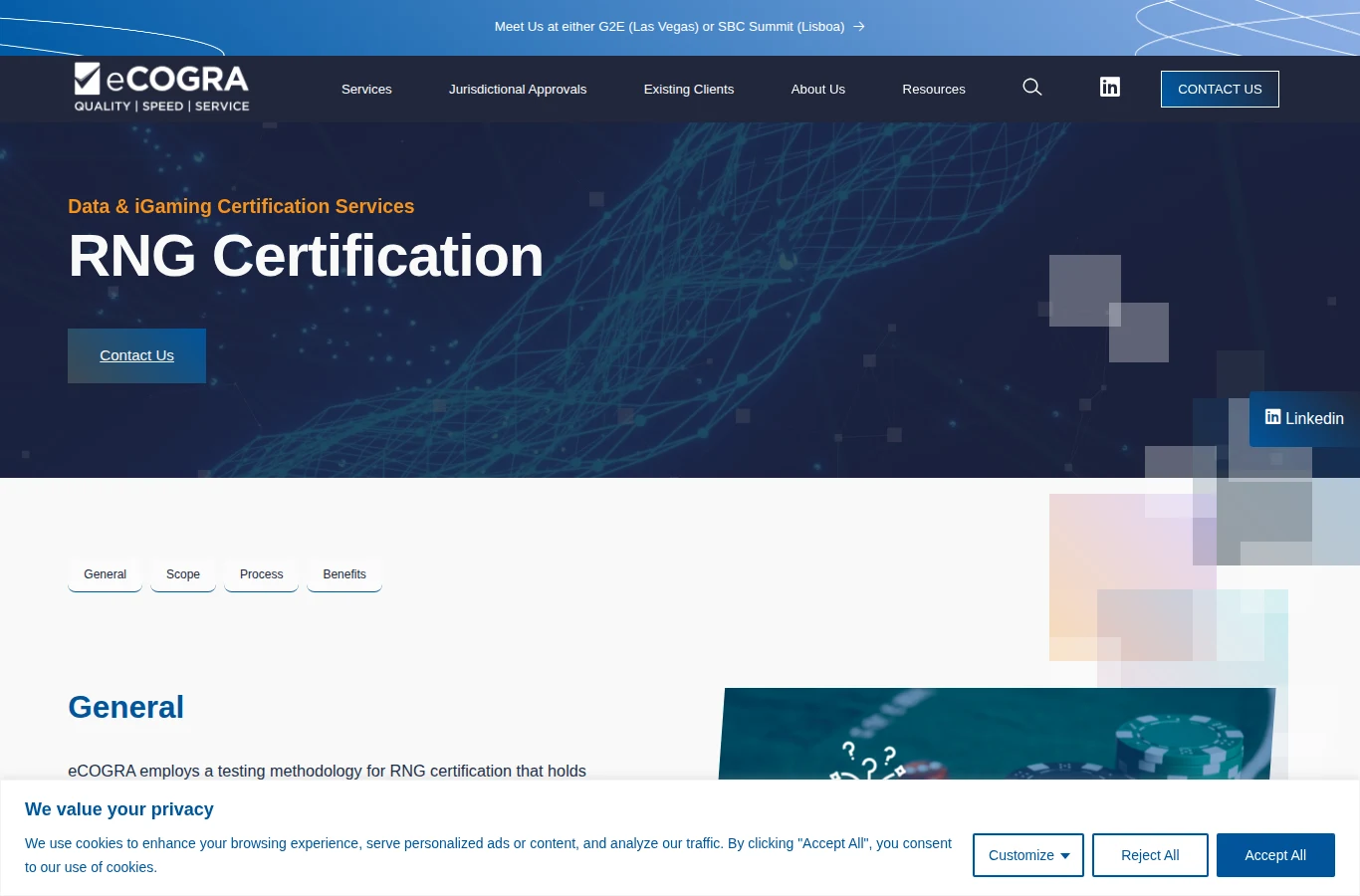 Screenshot of eCOGRA's random number generator certification service page