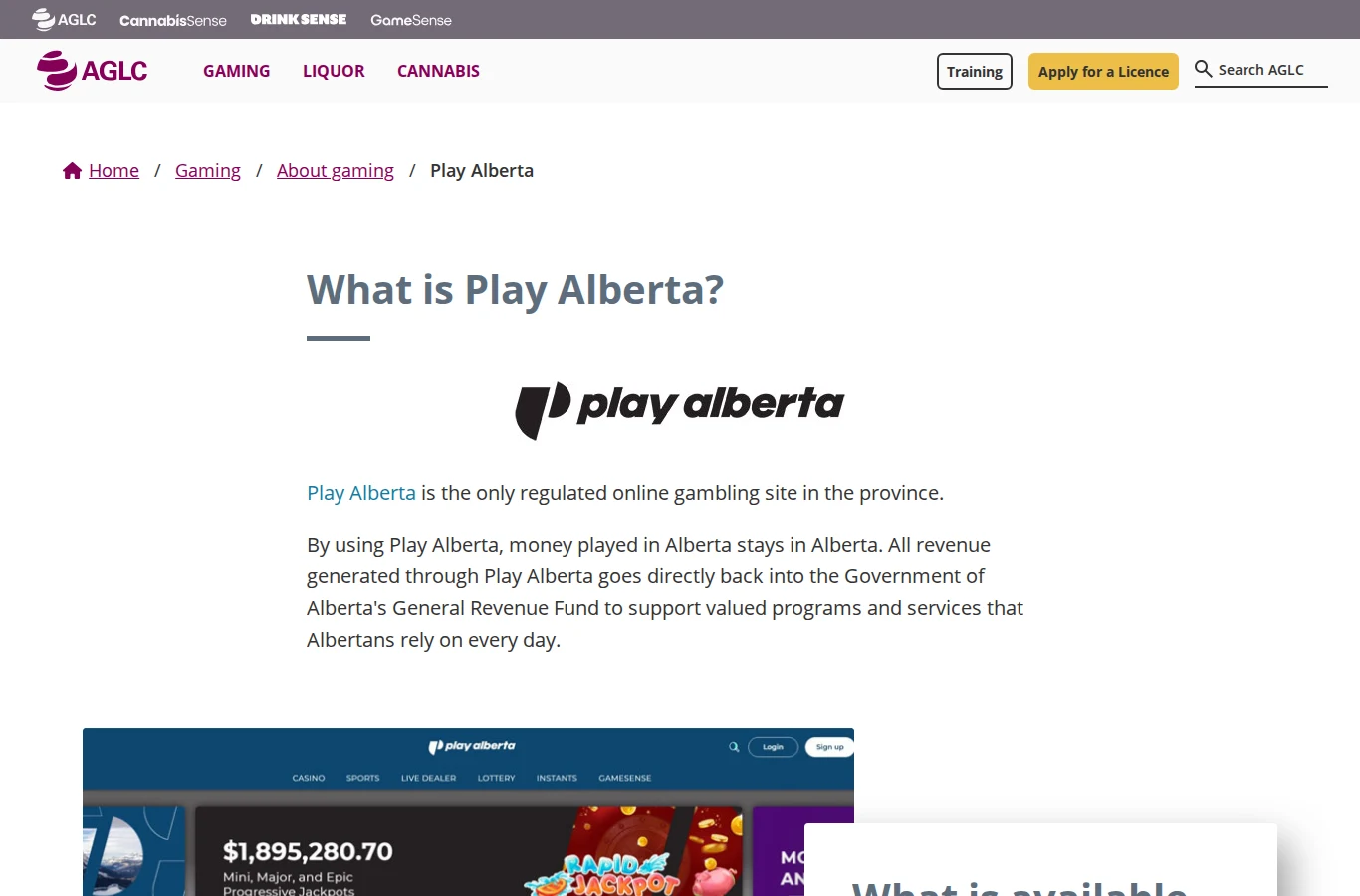 Screenshot of the AGLC Play Alberta page describing Alberta's regulated online gambling site