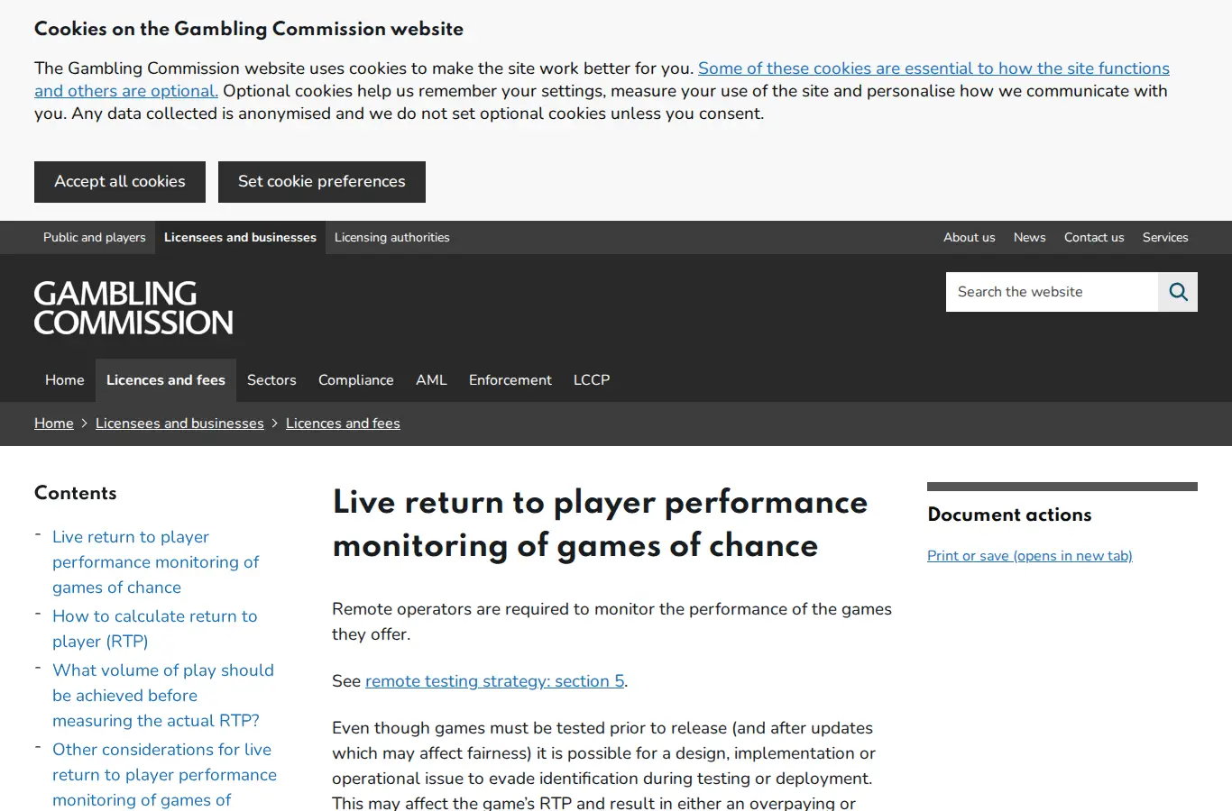 Screenshot of the UK Gambling Commission's RTP performance monitoring guidance page