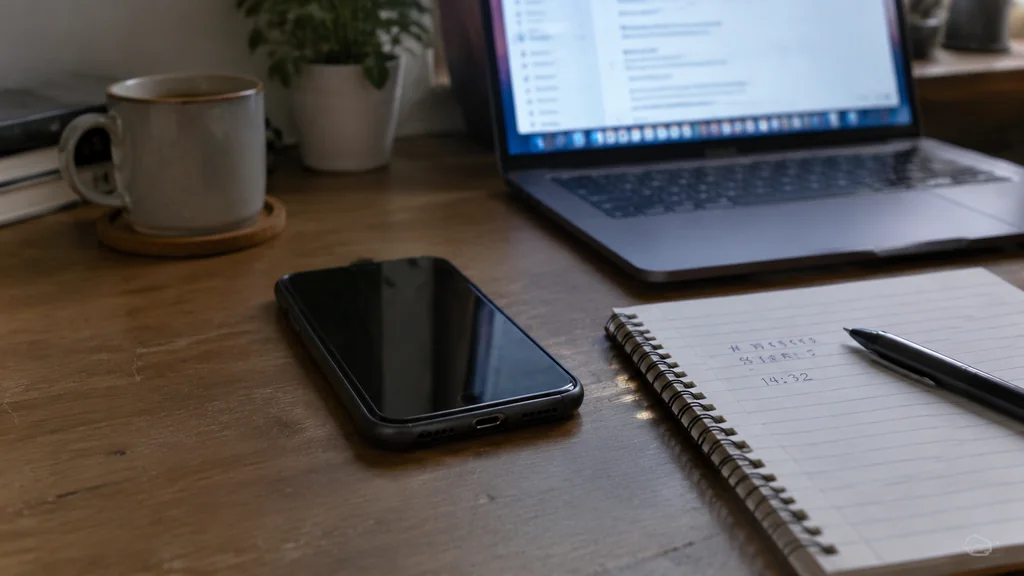 Desk with a phone handset, notebook and reference number written down